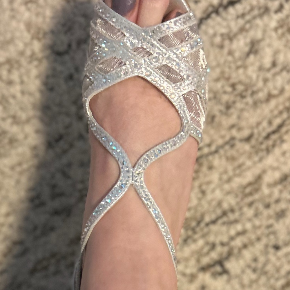 Elegant Silver/Rhynstones/Mesh Heels with Strappy Design and Tapered Heel 8.5